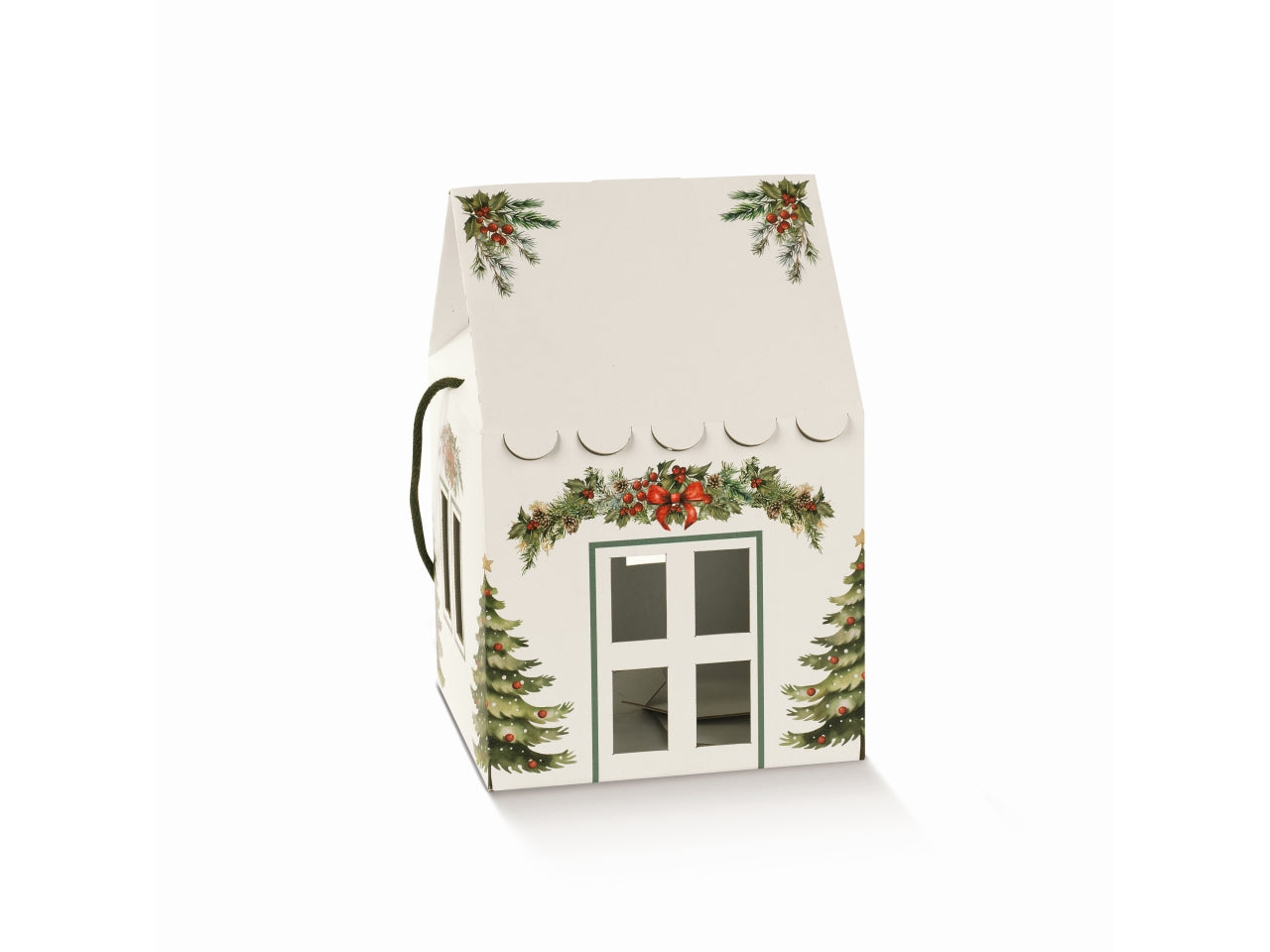 Pini verdi bianco scatola casa con cordini 20x20x18cm