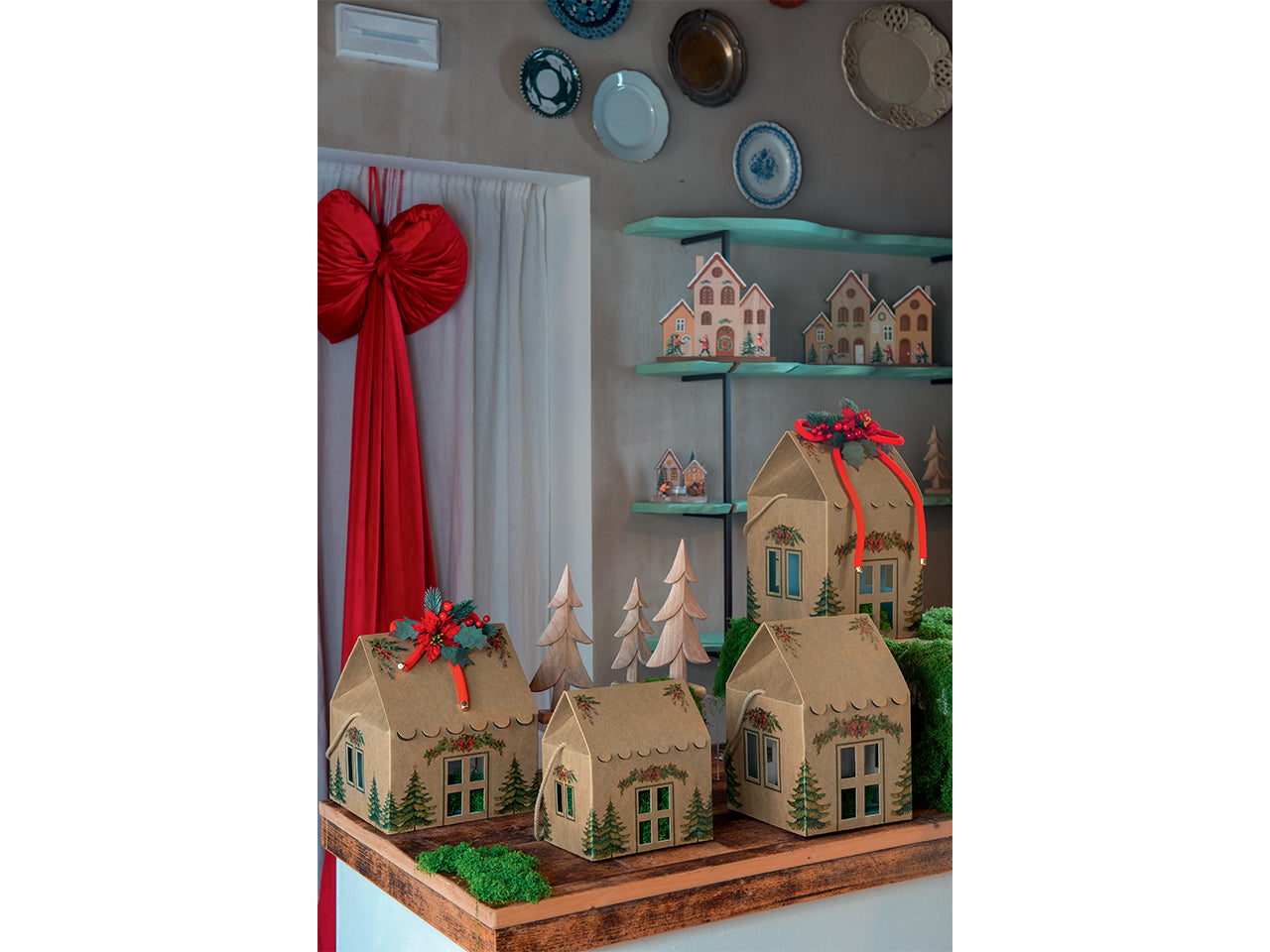 Pini verdi scatola casa con cordini 20x14x14cm avana