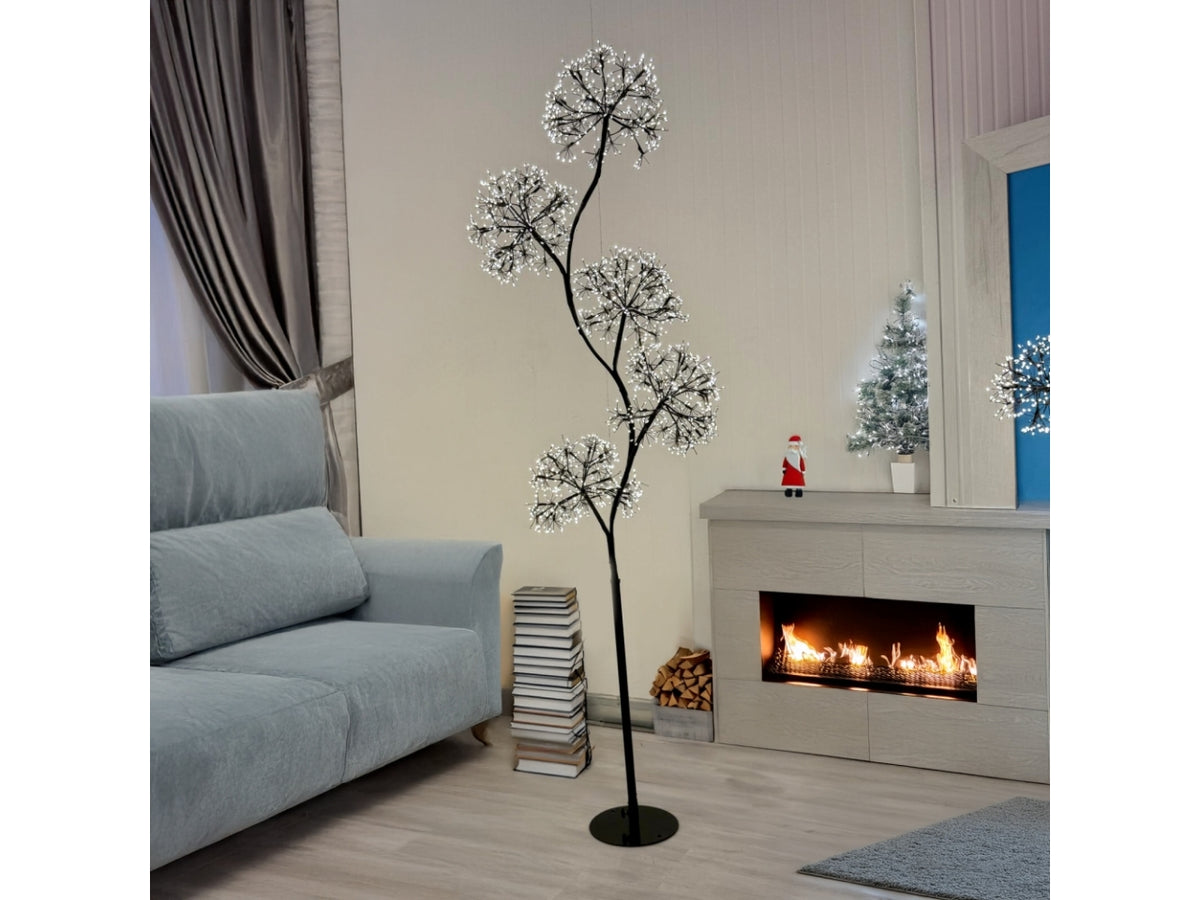Albero 170cm ramo marrone con 5 sfere a ciuffi diametro 30cm 1800microled bianco caldo e giochi di luce flashled diamond per uso interno/esterno IP44