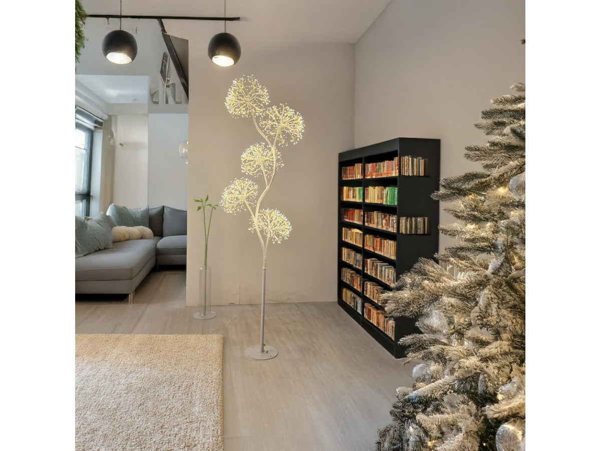 Albero 170cm ramo bianco con 5 sfere a ciuffi diametro 30cm 1800microled bianco caldo e giochi di luce flashled diamond per uso interno/esterno IP44
