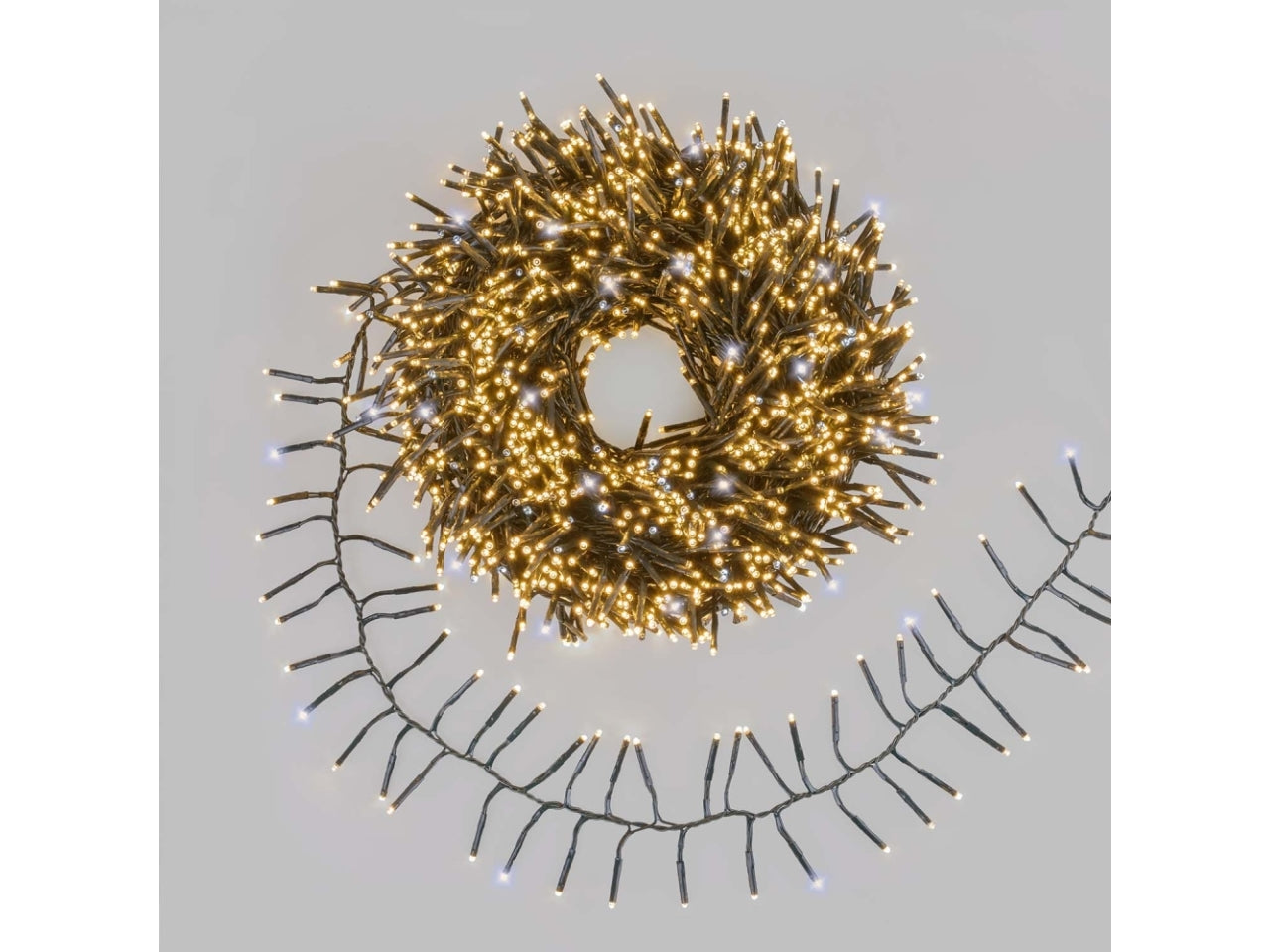 Catena luminosa 3000 microled bianco caldo e gioco di luce automatico flashled diamond bianco freddo, filo verde 4+45mt per uso interno/esterno IP44