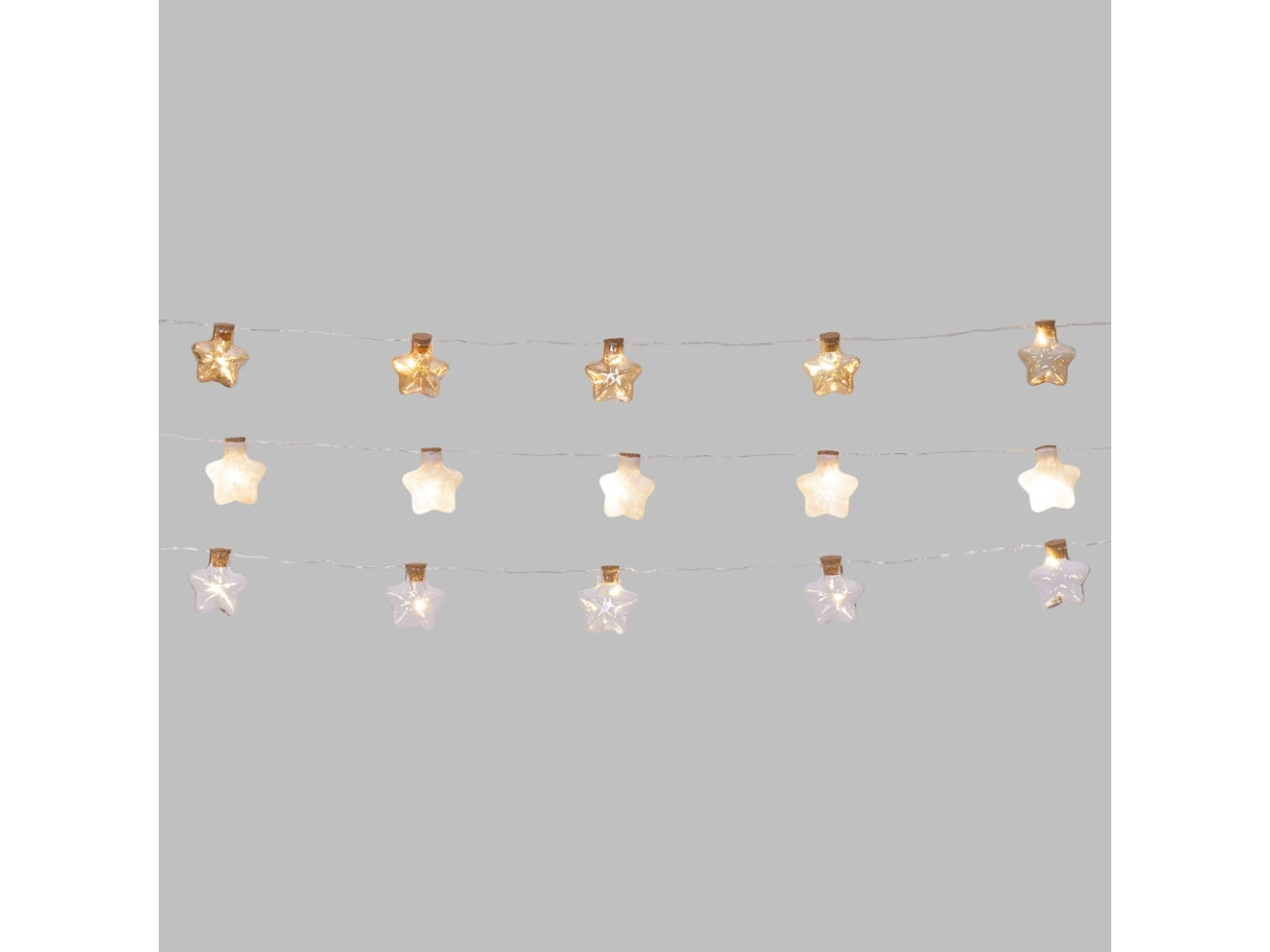 Catena luminosa con 12 stelle in vetro 3,5cm bianco caldo, cavo trasparente 110cm a batteria, colori assortiti