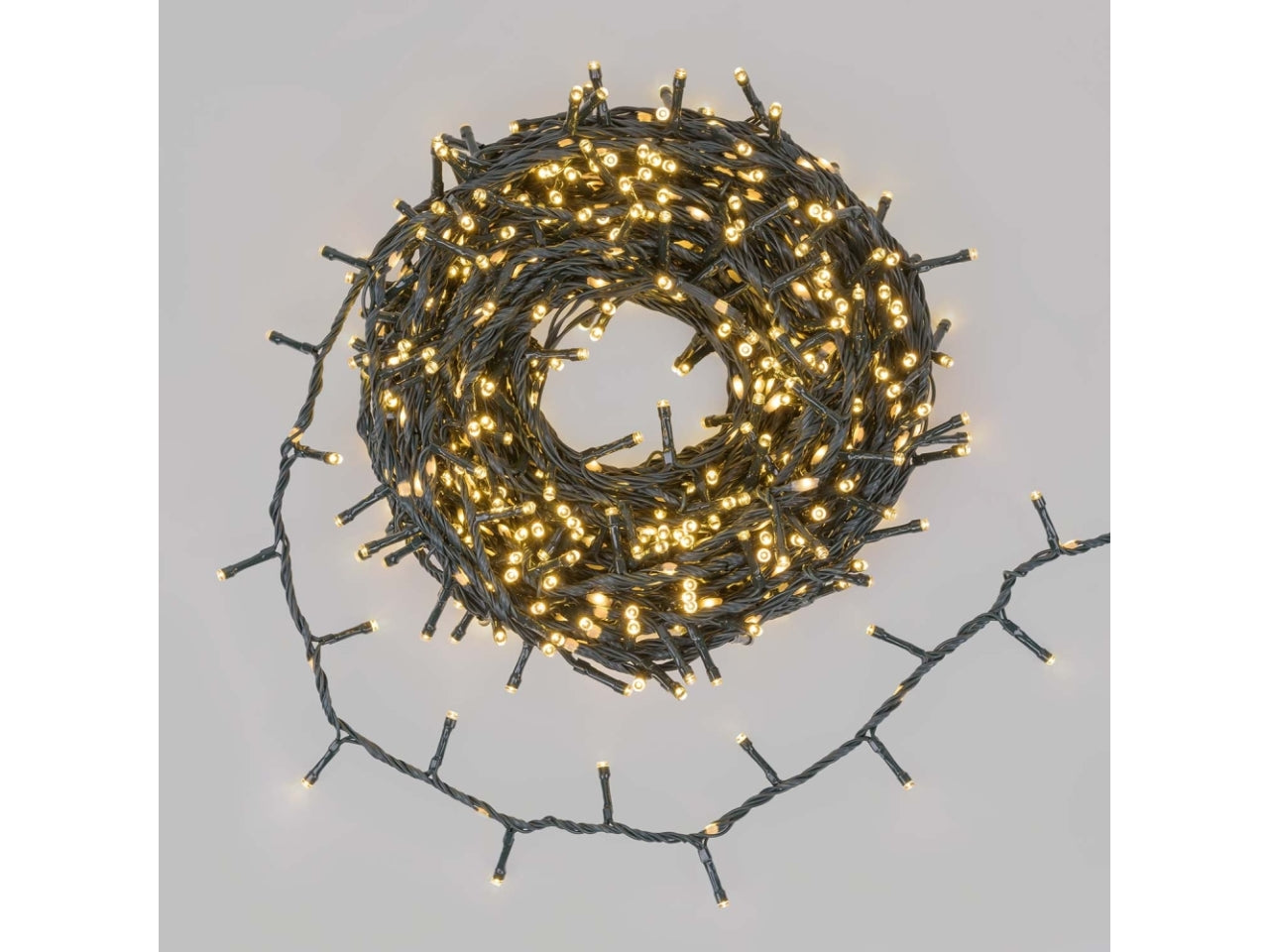 Catena minicluster 1660led bianco caldo e gioco luce rincorrente bianco caldo, cavo verde 4+30mt per uso interno/esterno IP44