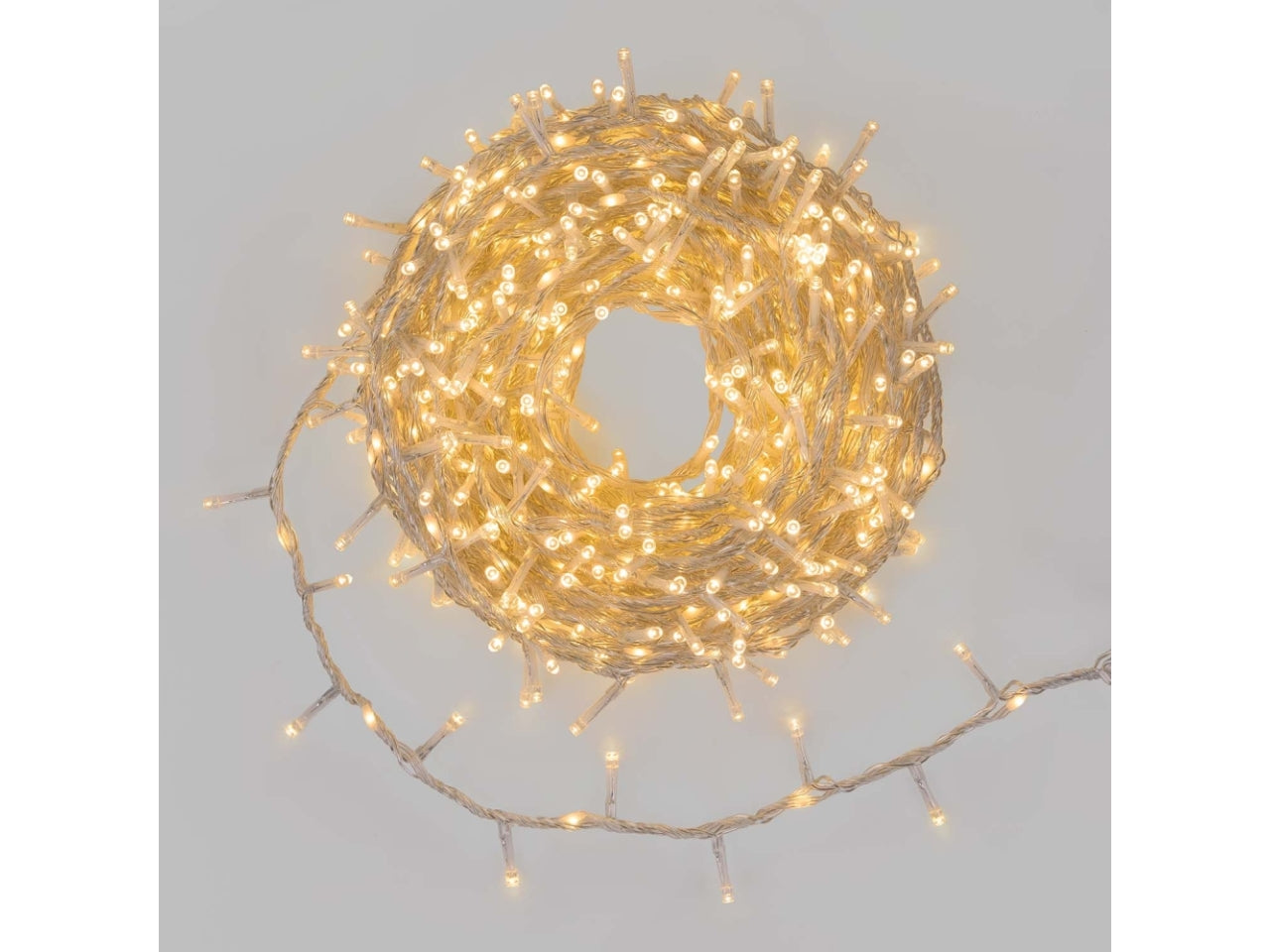 Catena minicluster 1660led bianco caldo e gioco luce rincorrente bianco caldo, cavo trasparente 4+30mt per uso interno/esterno IP44