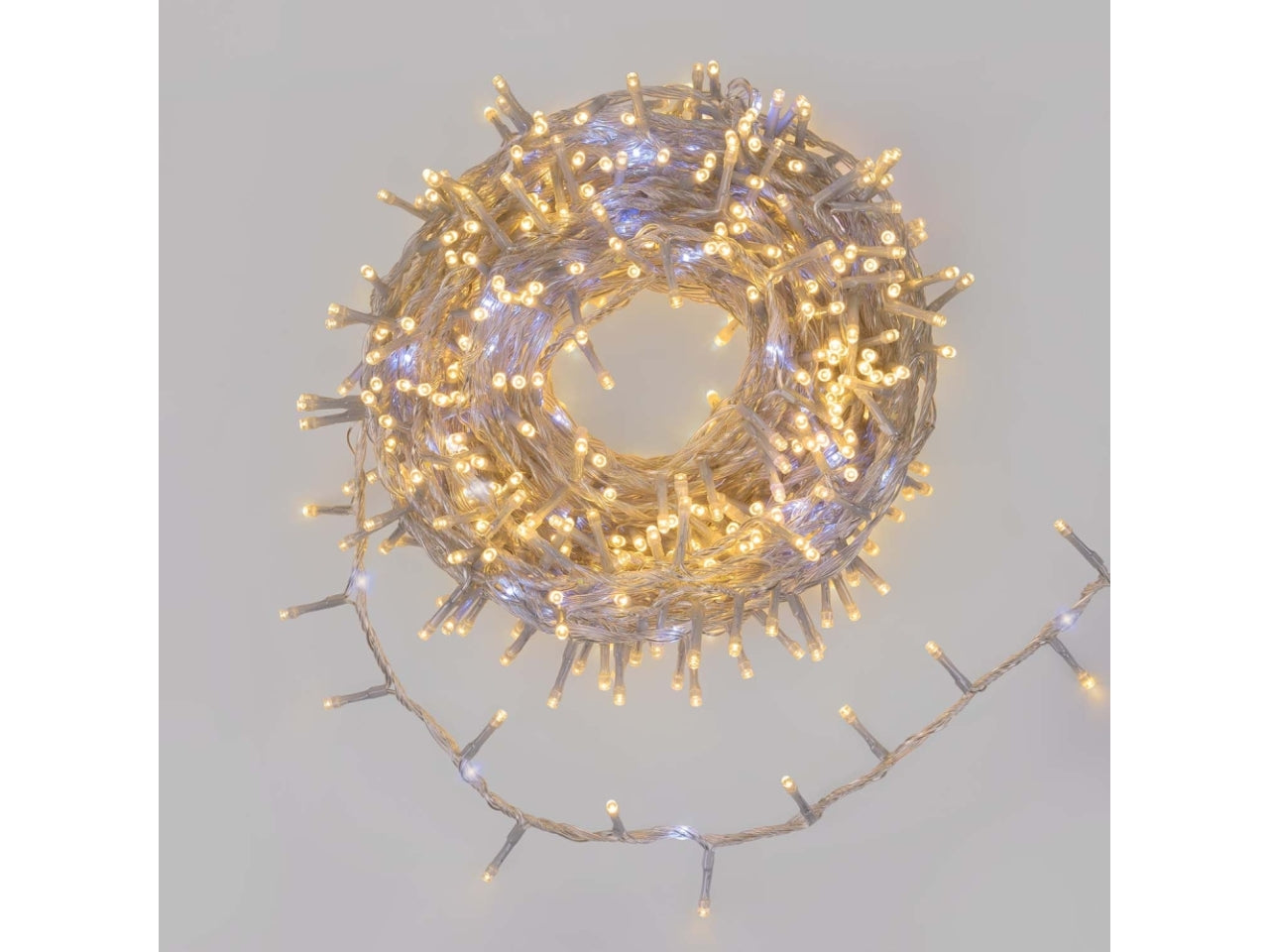 Catena minicluster 1660led bianco caldo e gioco luce rincorrente bianco freddo, cavo trasparente 4+30mt per uso interno/esterno IP44