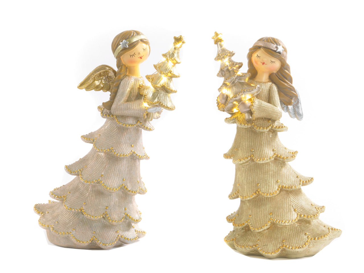 Angelo resina 23,2cm con albero di natale e luci oro