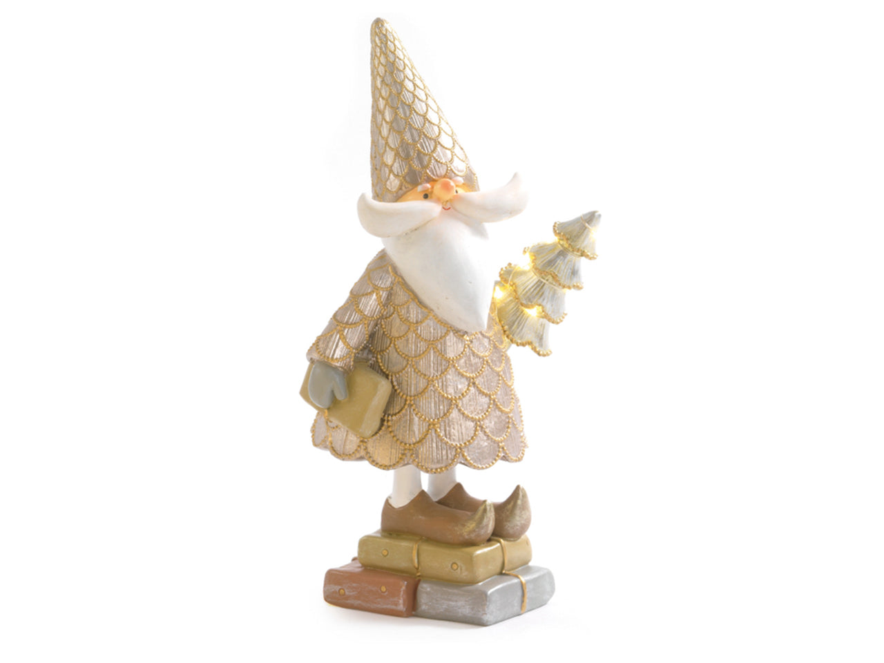 Babbo natale in resina 25,5cm con albero e luci oro