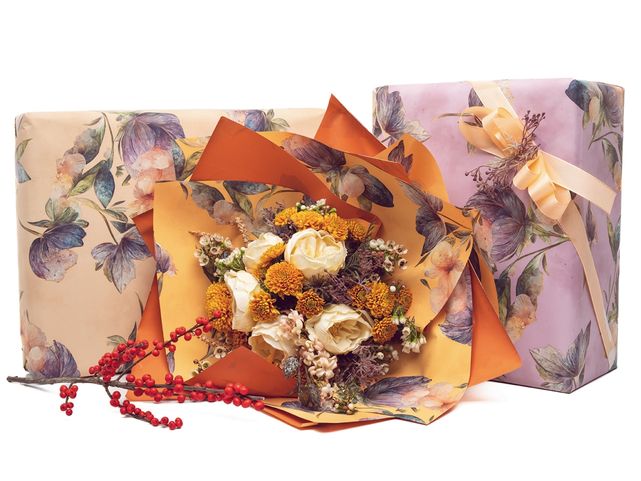 Bobina caravaggio con fiori douple face 40my 1x25mt avorio