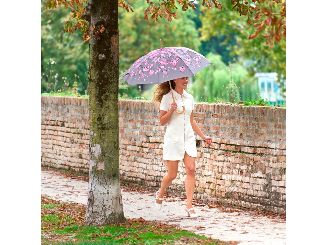 Ombrello donna 61cm automatico con stampa fiore di pesco