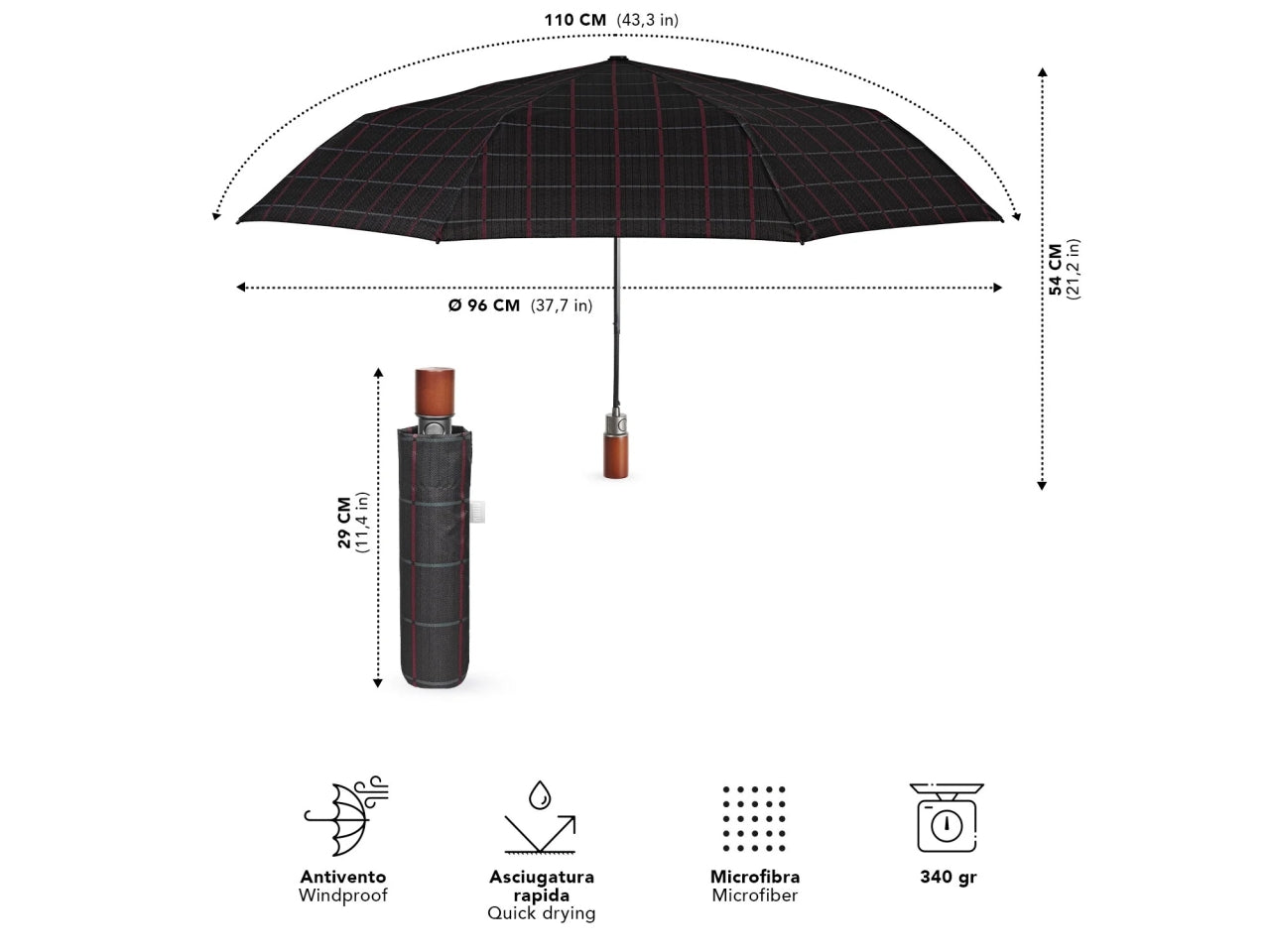 Ombrello uomo mini 54cm automatico scozzese imp.legno