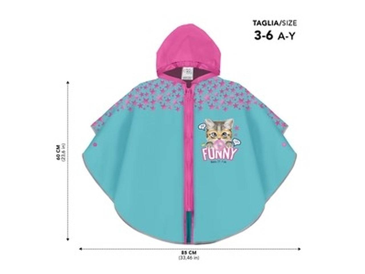 Poncho kids pioggia Funny cat zip+brd kids di colore azzurro