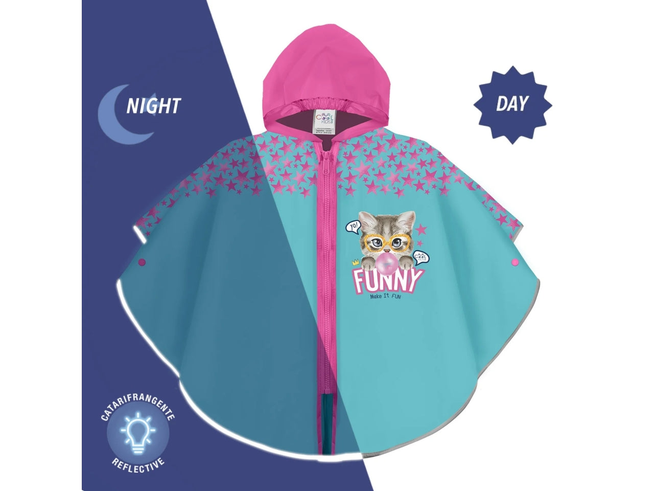 Poncho kids pioggia Funny cat zip+brd kids di colore azzurro