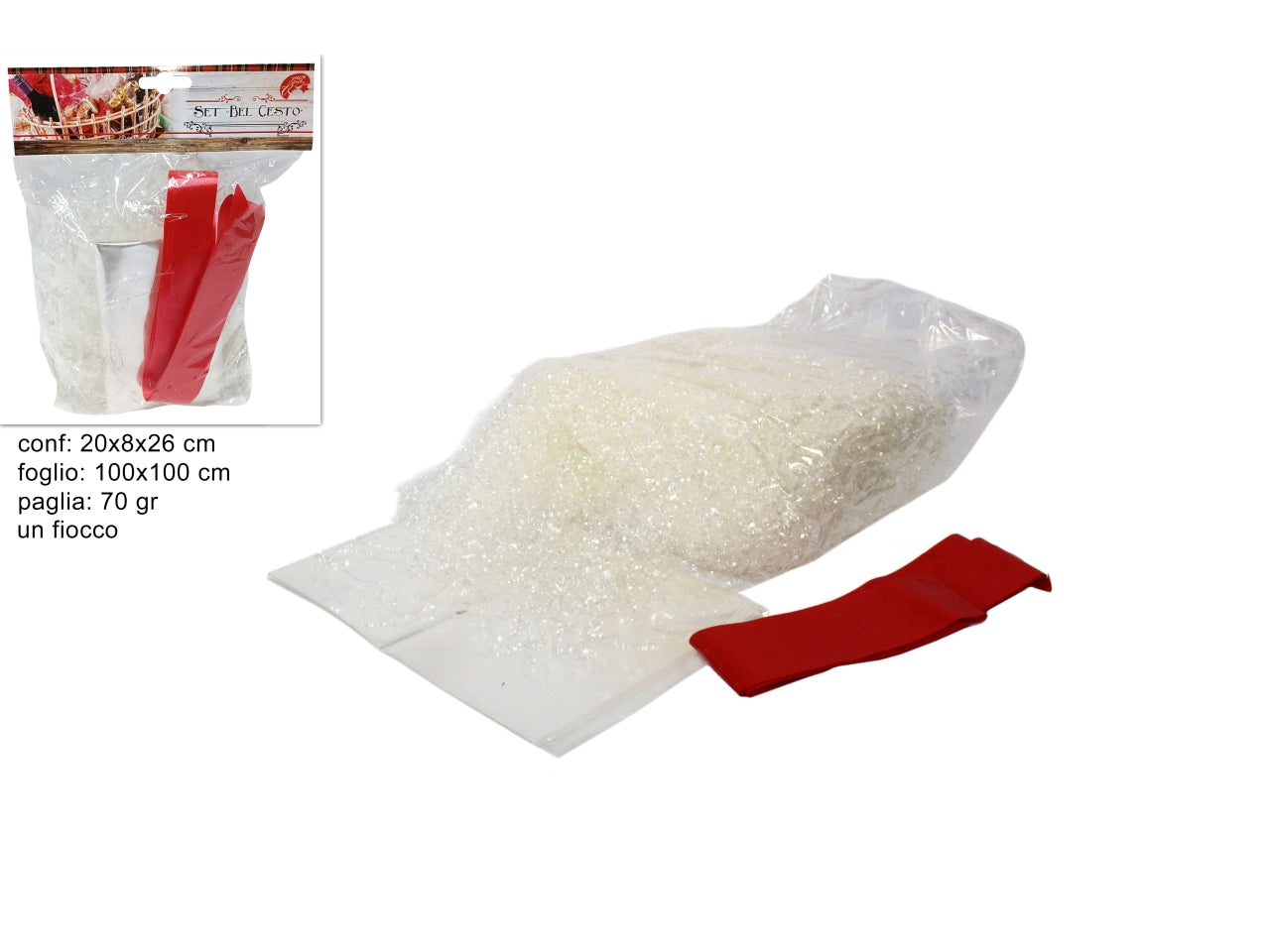 Kit cesto 70gr paglia trasparente con foglio e coccarda
