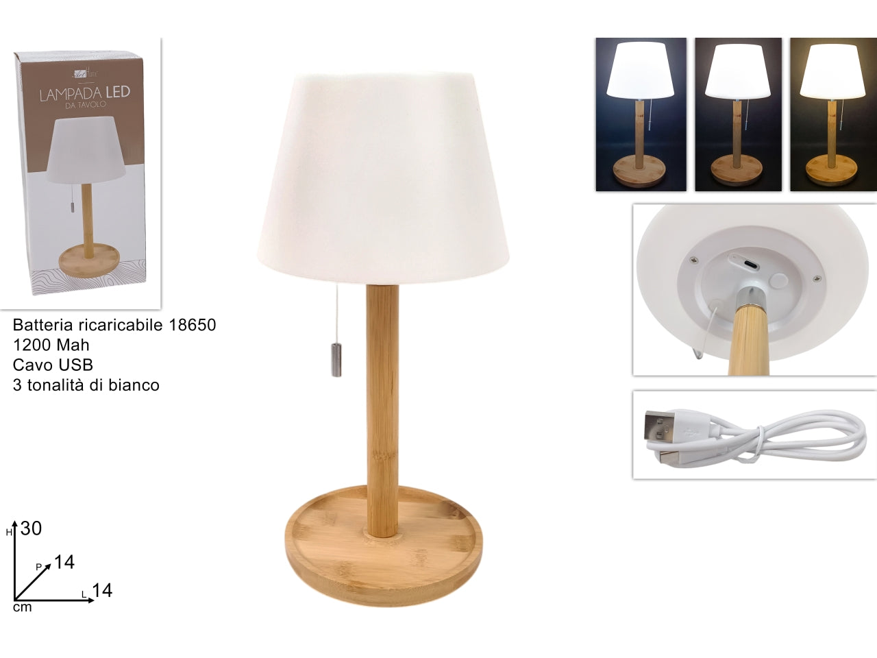 Lampada led con base in legno ricaricabile in 3 tonalita' di bianco