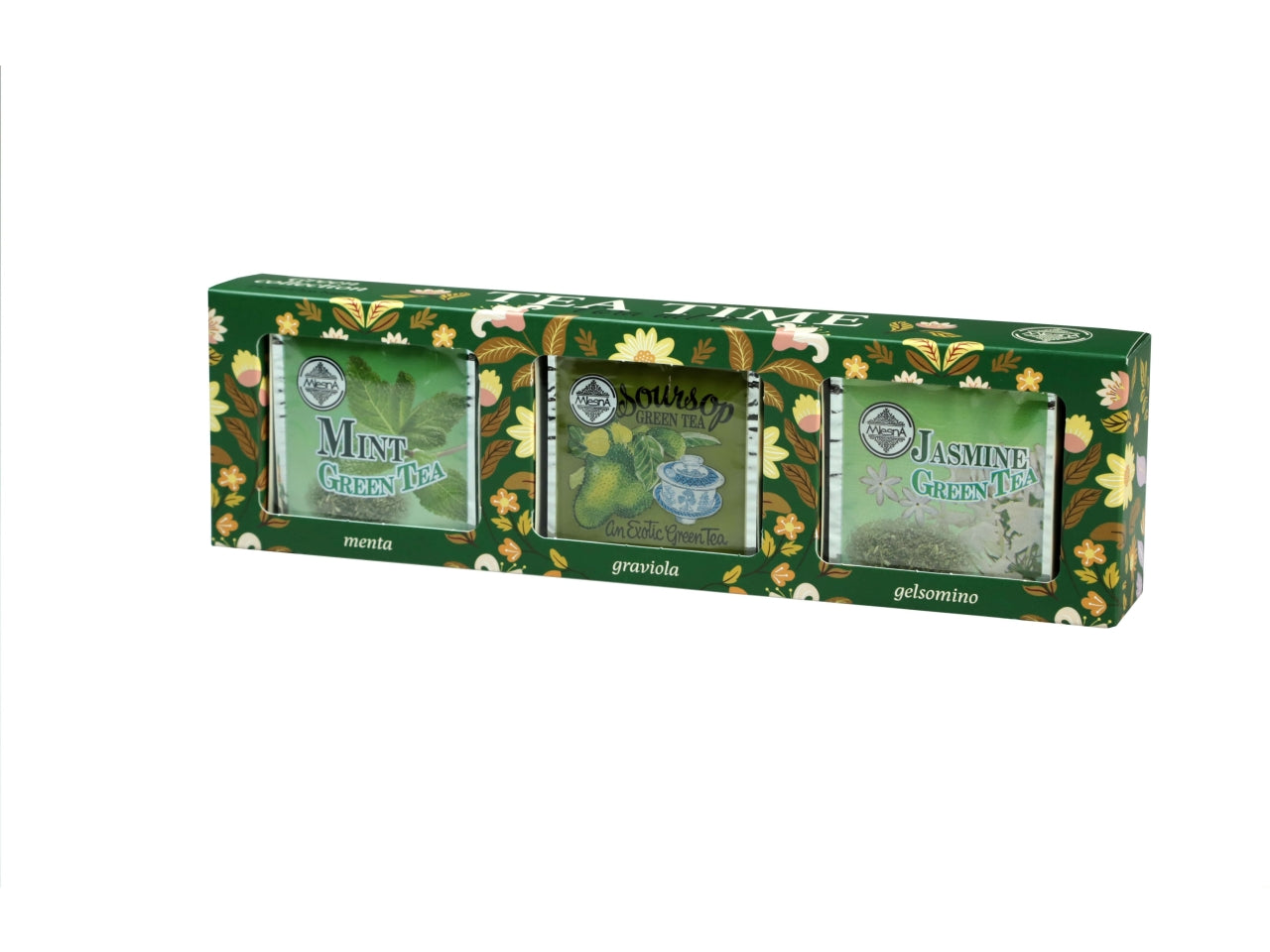 Te' green collection, tris di tè verdi, menta, graviola egelsomino in confezione da 24 filtri