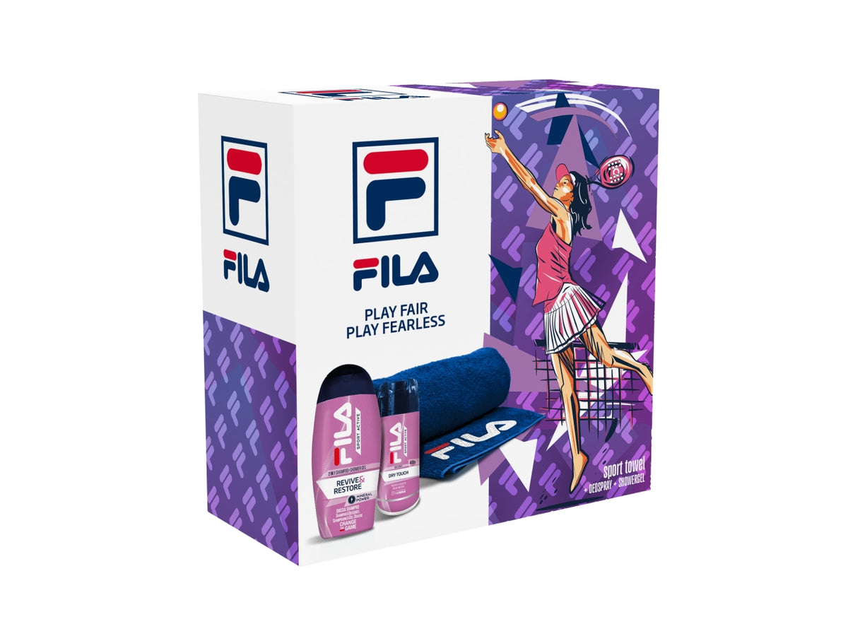 Fila donna, confezione con gel doccia 250ml + deo dry touch 150ml + salvietta