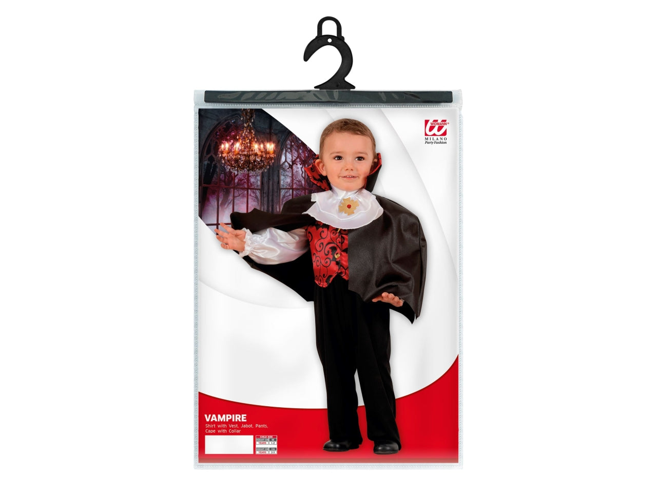 Costume vampiro 98cm 1-2anni composto da camicia con gilet, jabot, pantaloni e mantello con collare