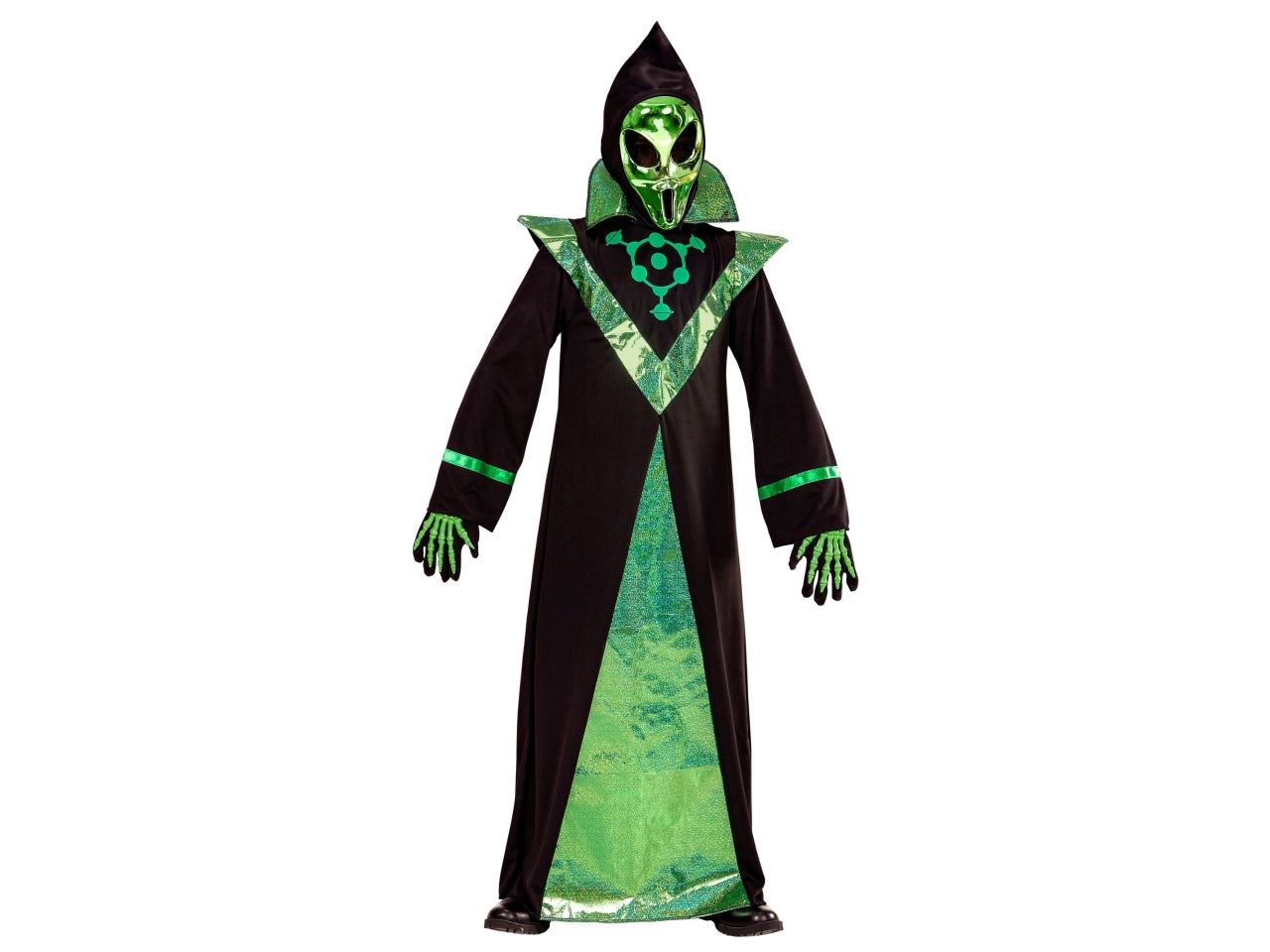 Costume alieno 128cm 5-7anni composto da tunica e maschera con cappuccio