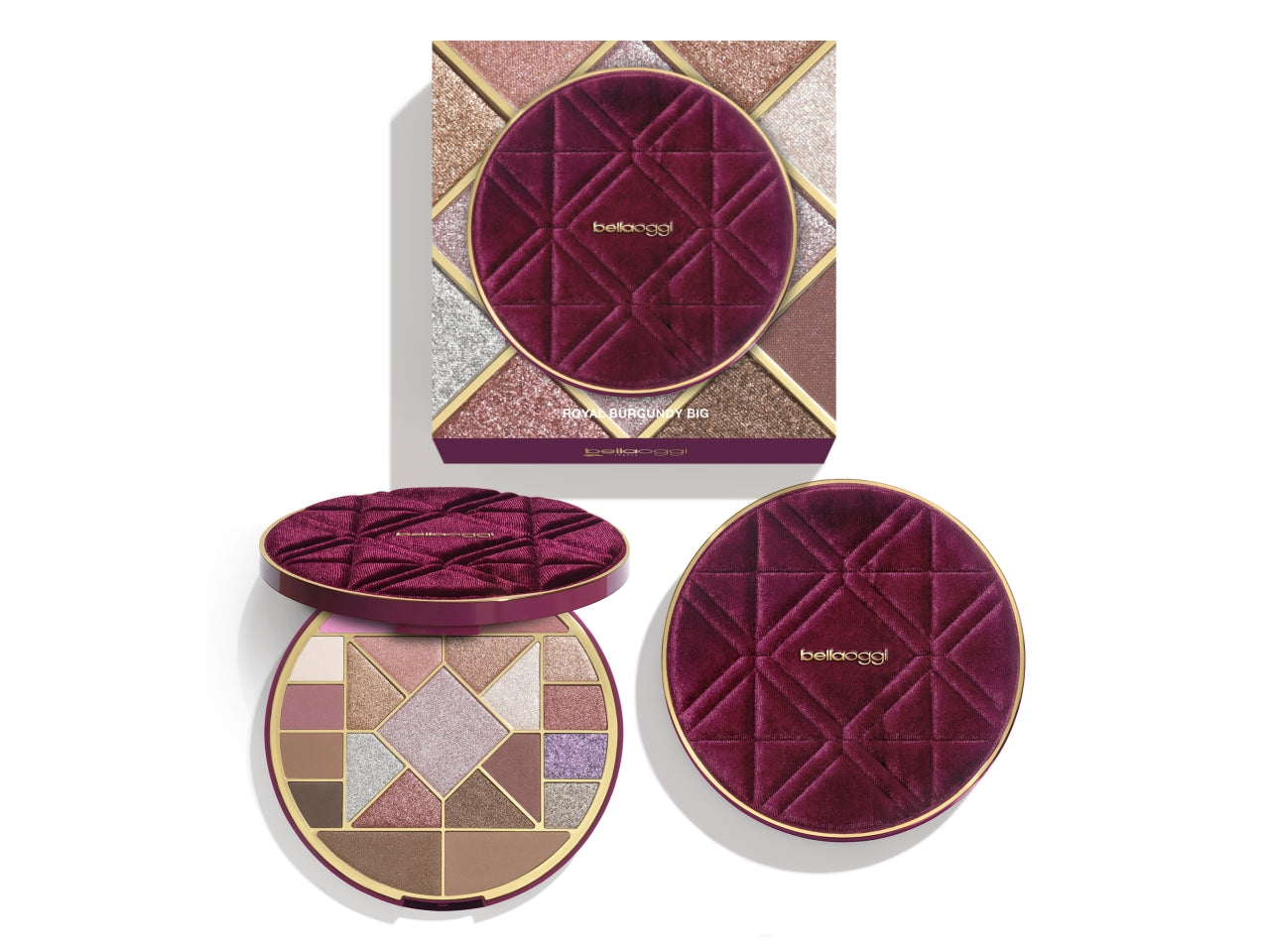 Bellaoggi imperial burgundy palette large con 16 ombretti,1 illuminante, 2terre e 2 blush