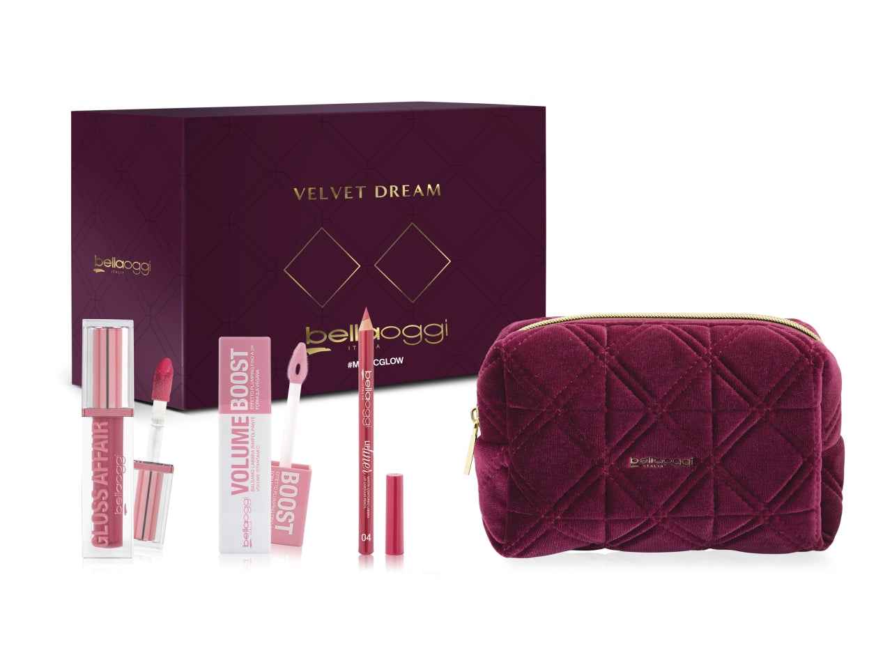 Bellaoggi magic glof git in pochette con matita labbra lip liner col.04, volume boost e gloss affair col. 03