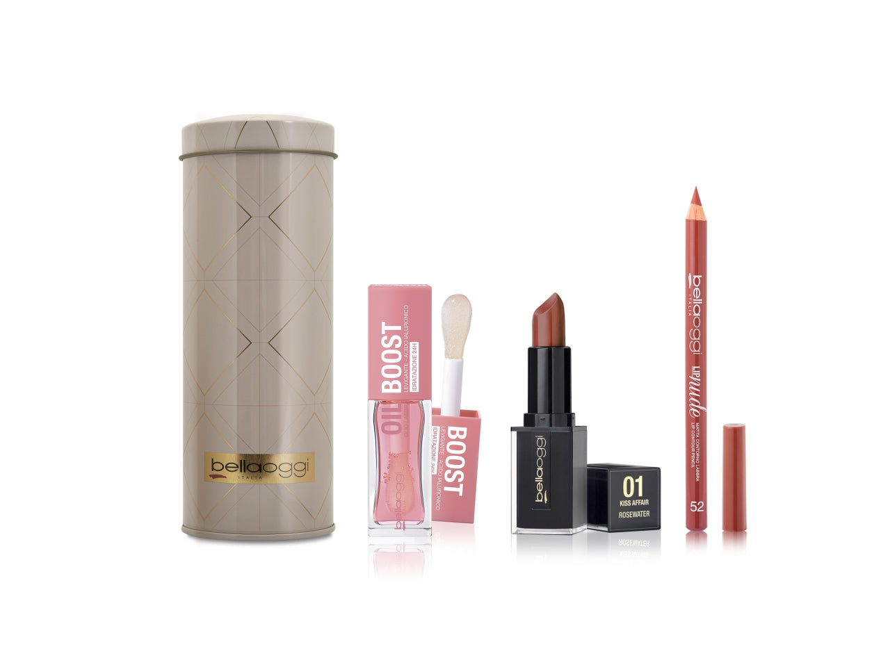 Bellaoggi git lips on top latta con olio labbra, matita labbra lip nude col.052 e rossetto kiss col.01 $