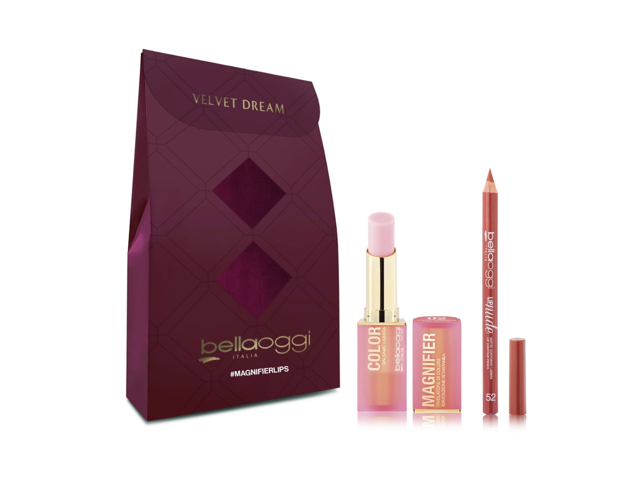 Bellaoggi mini git magnifier lips confezione regalo con balsamo labbra col.02 e matita labbra lip nude col.052