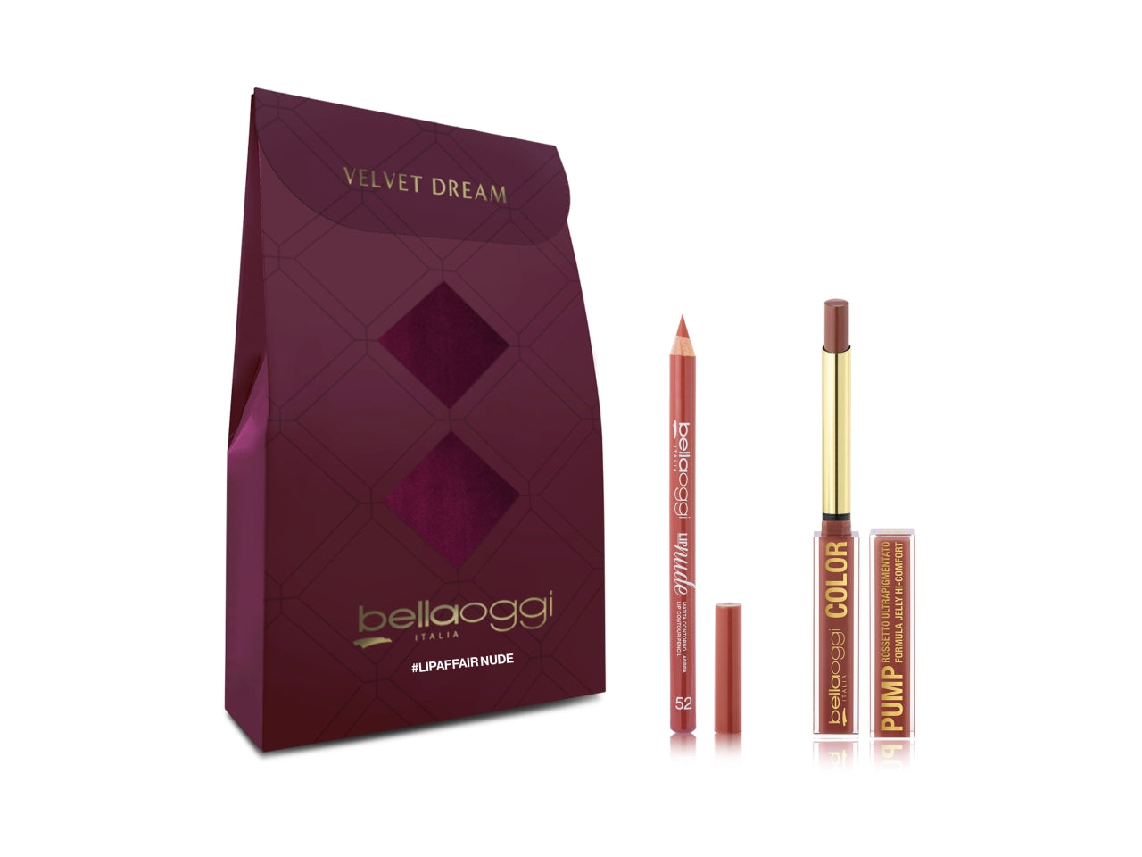 Bellaoggi mini git lip affair nude confezione regalo con rossetto effetto jelly col.02 e matita labbra lip nude col.052