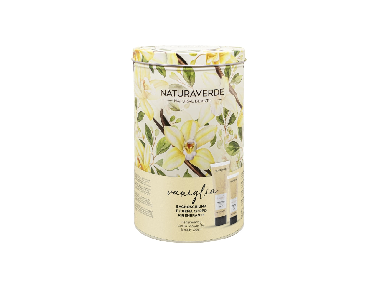 Natura verde latta con gel doccia 200ml e crema corpo 100ml profumazione vaniglia