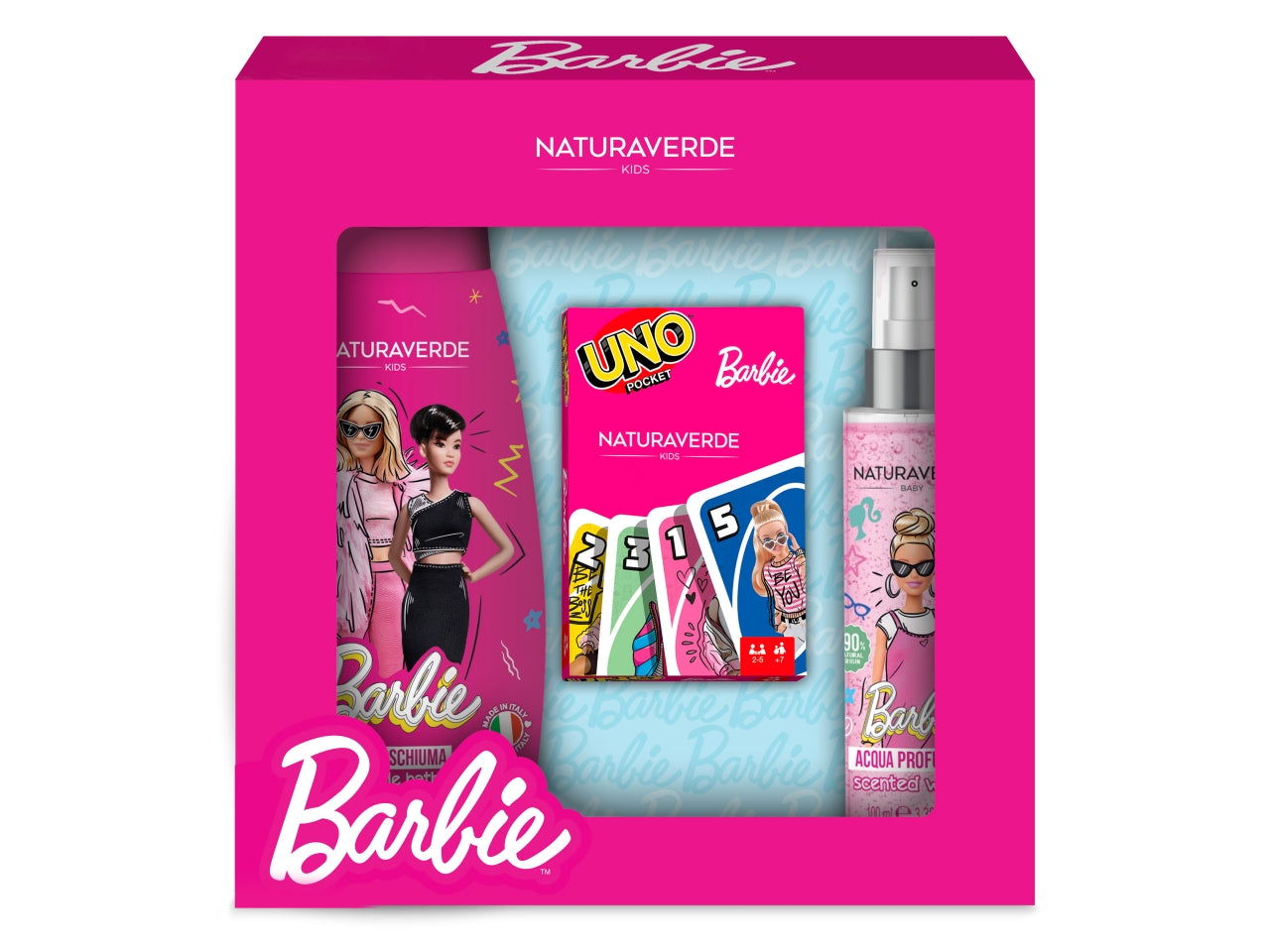 Barbie set regalo con carte uno, bagnoschiuma 300ml e acqua profumata 100ml