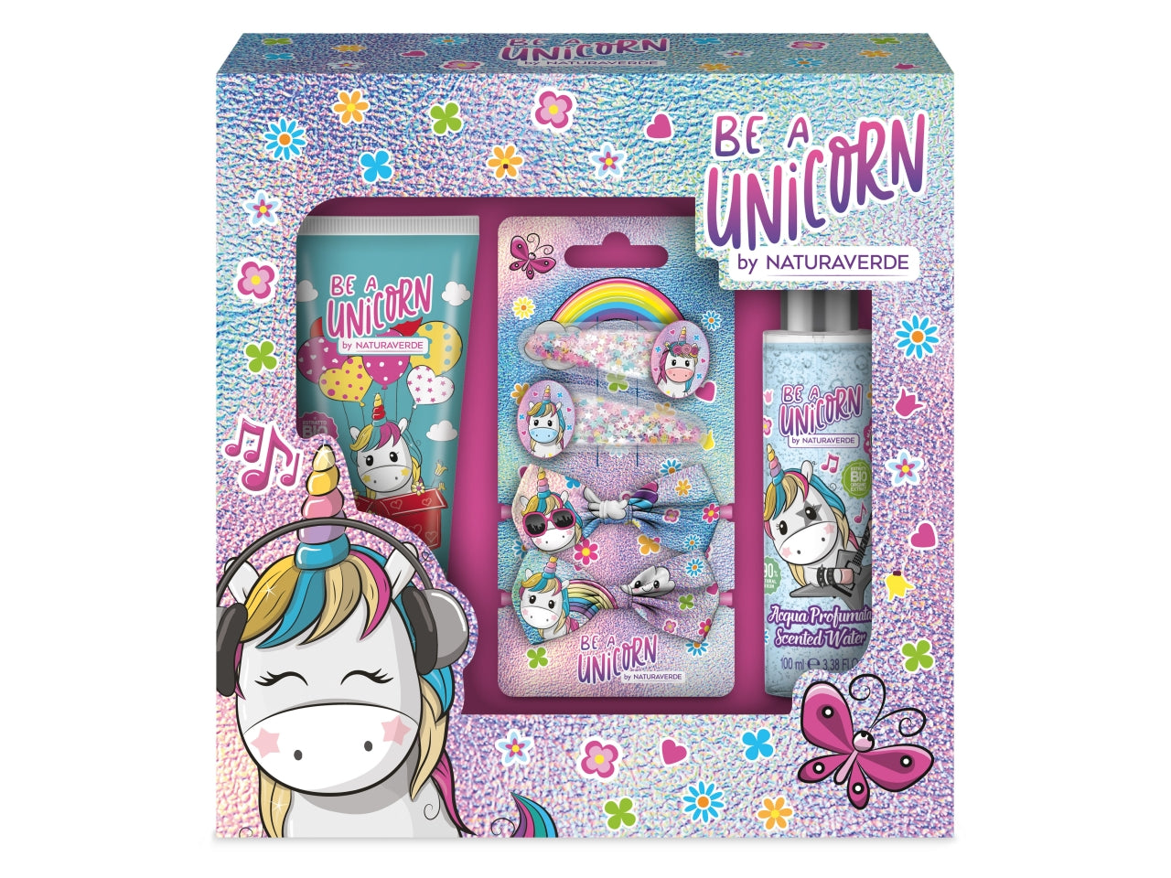 Be a unicorn set regalo con bagnoschiuma 100ml, acqua profumata 100ml e mollettine per capelli