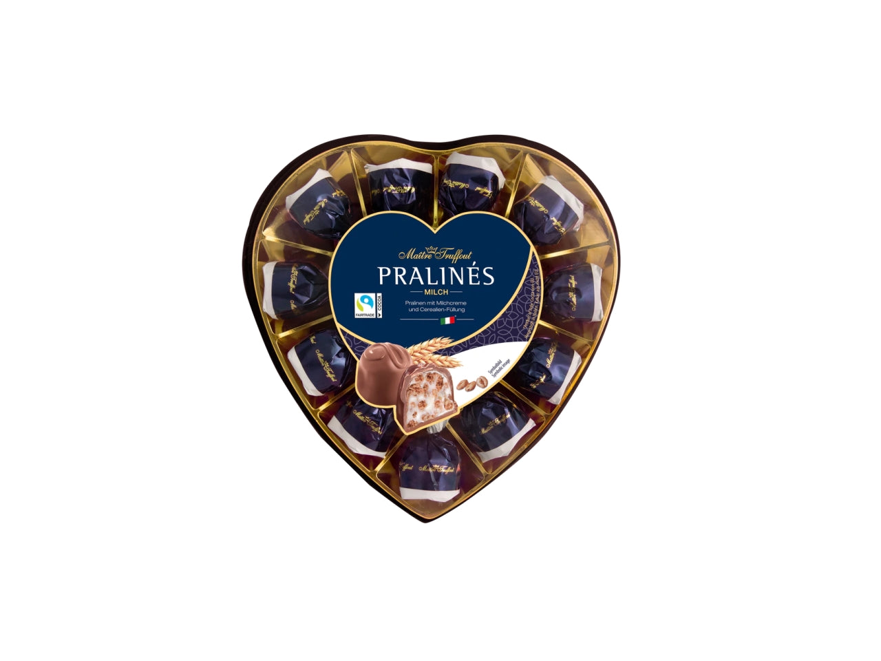 Praline di cioccolata al latte ripieno con crema di latte cereali in confezione a cuore 165gr