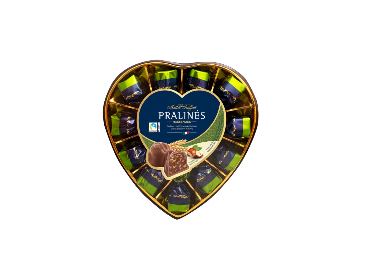 Praline di cioccolata al latte ripieno con nocciole cereali in confezione a cuore 165g