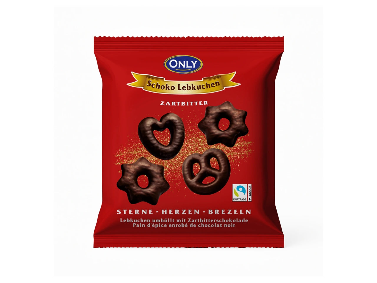 Pan di zenzero ricoperto di cioccolato fondente stelle-cuori-bretzel 400g