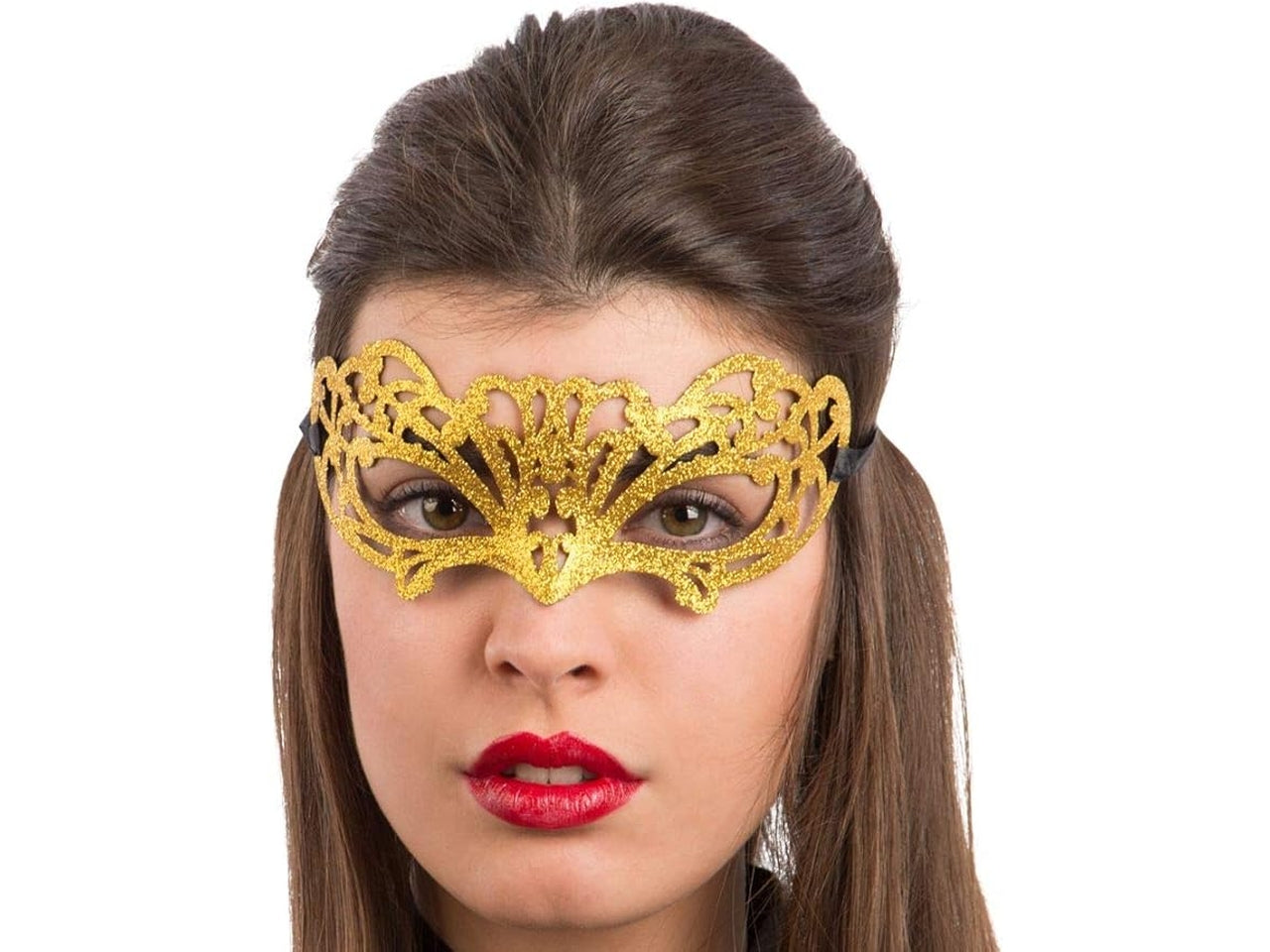 Maschera in plastica intagliata con glitter oro