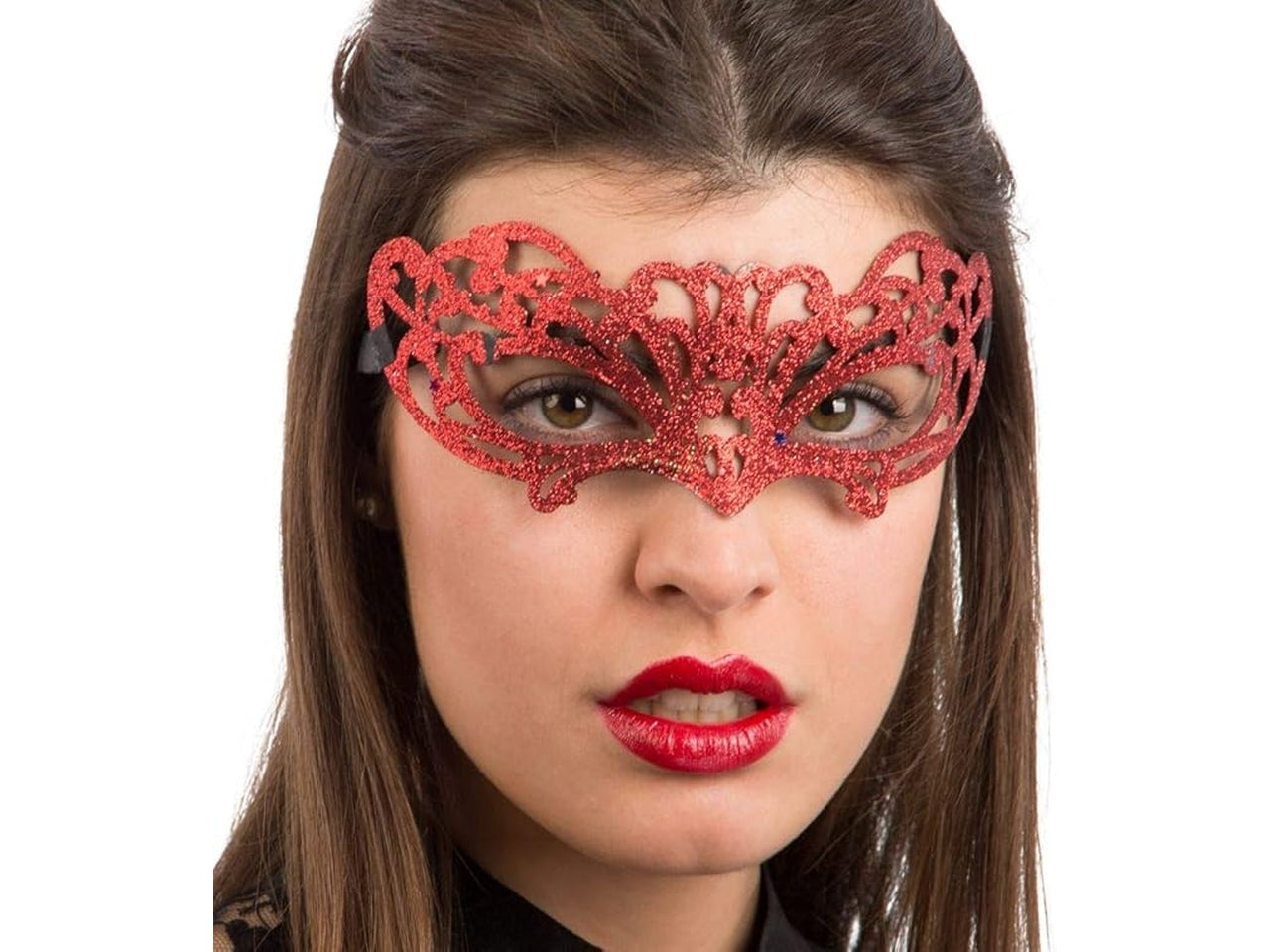Maschera in plastica intagliata con glitter rossi