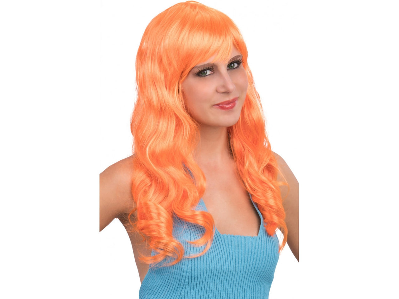 Parrucca lunga mossa con frangia arancione fluo