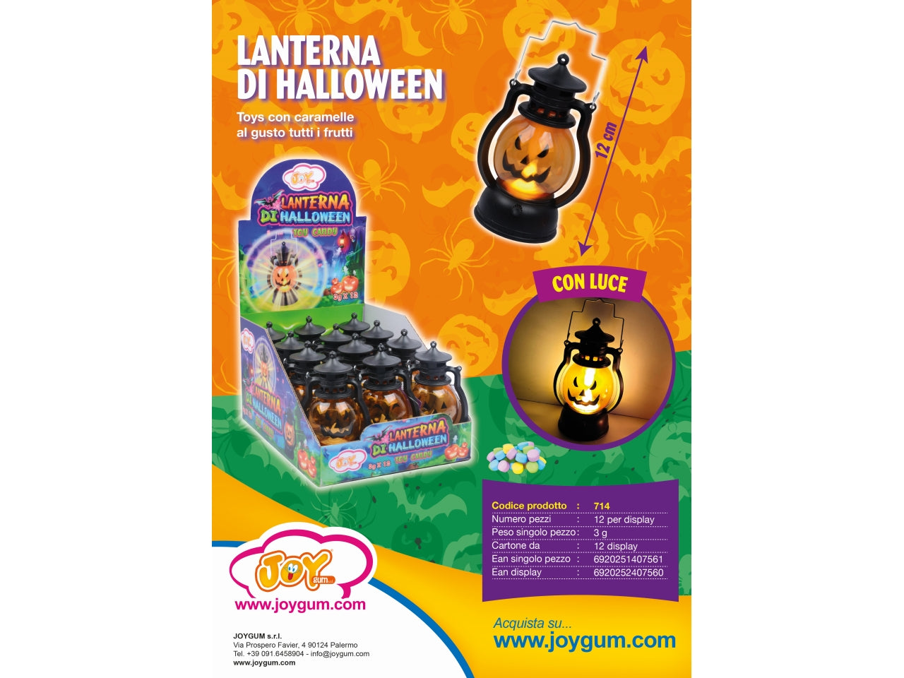 lanterna luminosa halloween 12cm con caramelle al gusto tutti frutti