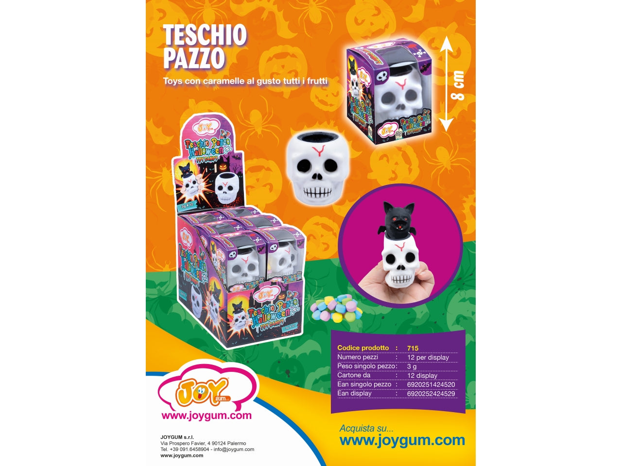 Teschio pazzo 8cm con caramelle al gusto tutti frutti