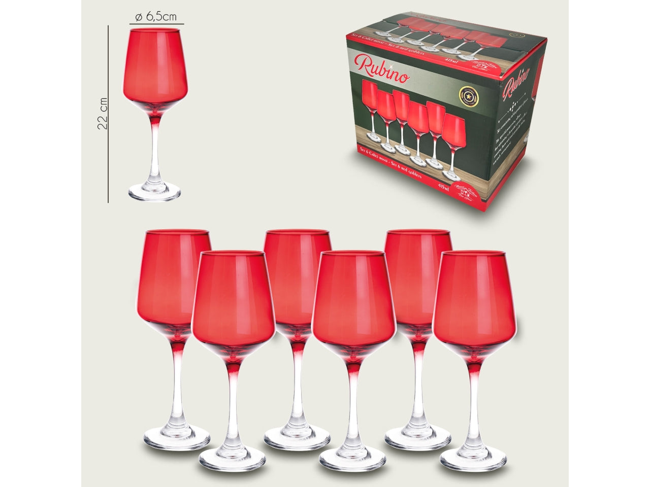 Calici in vetro 41cl rossi in confezione da 6 pezzi