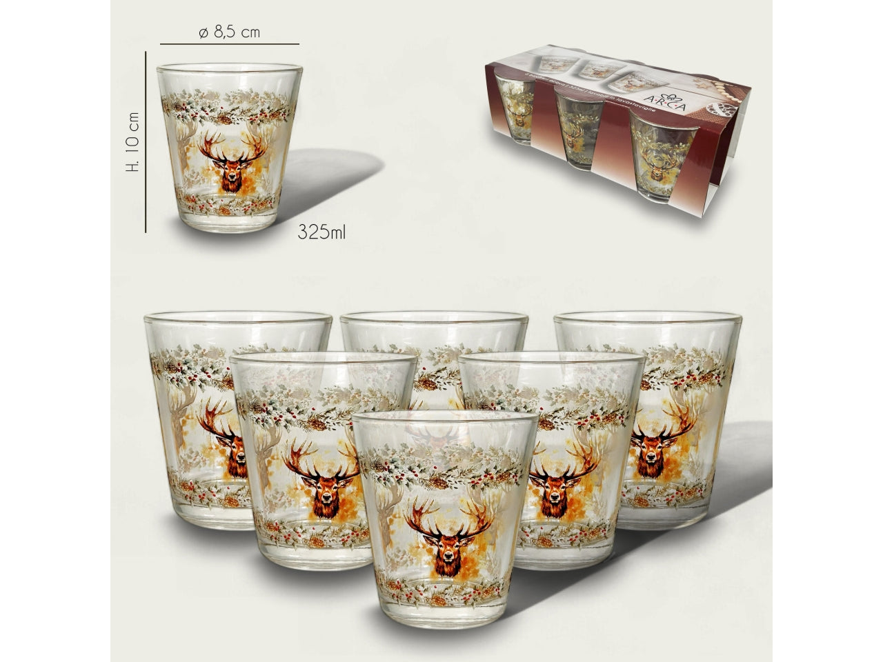 Bicchieri in vetro 30cl con renna in confezione da 6 pezzi