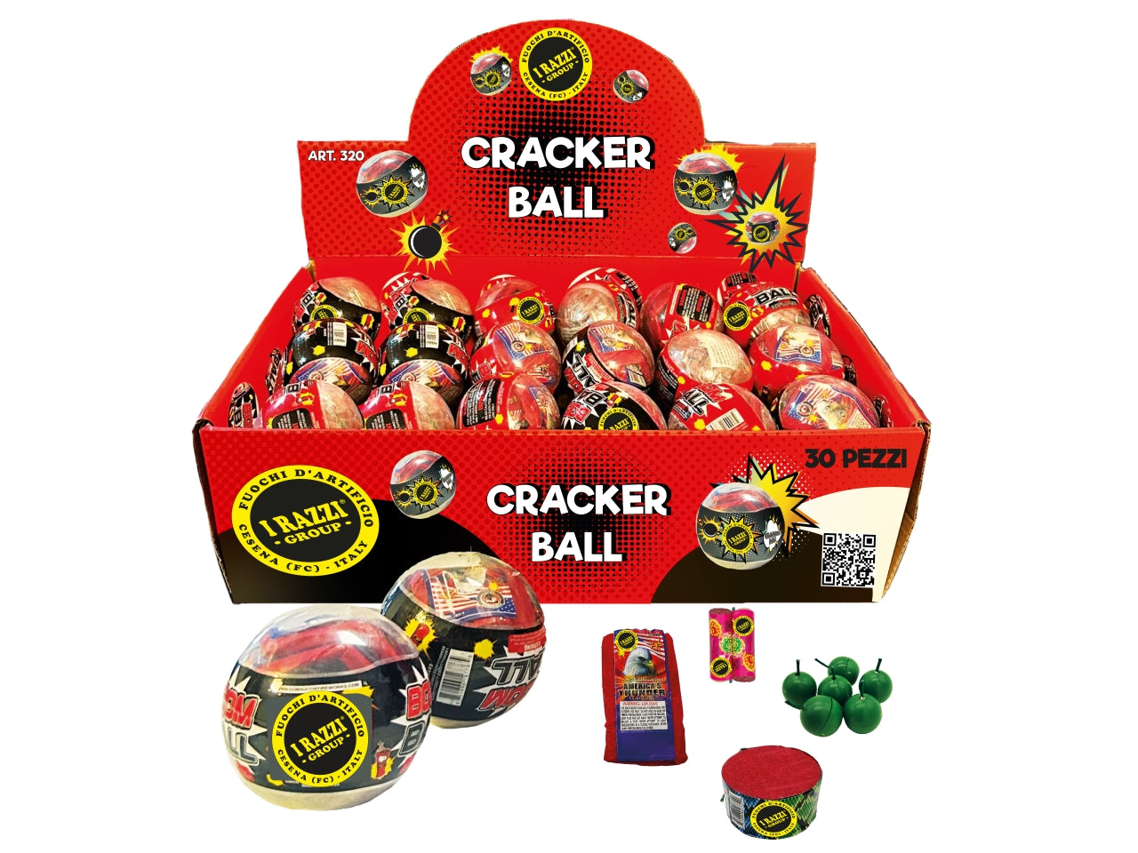 Cracker ball sfera contenente 6 granuli crepitanti, 1 batteria di petardi 12 colpi, 2 trottola a terra, 1 serpenti
