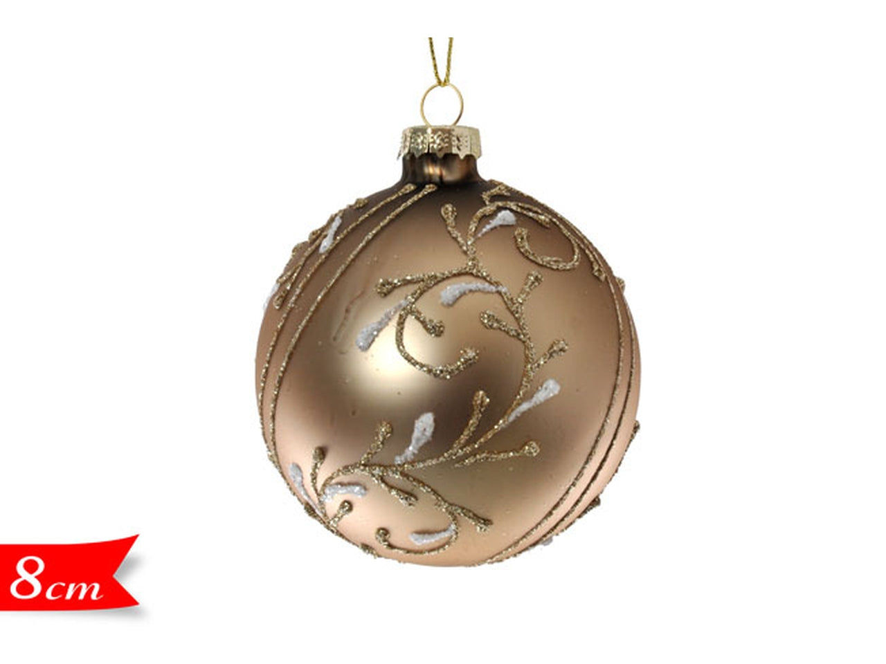 Palla vetro 8cm con decori glitter rame