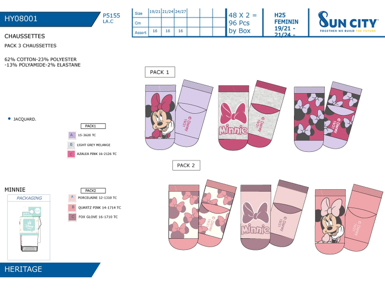 Minnie calzini dal 19/21 al 24/27 in confezione da 3 pezzi assortiti