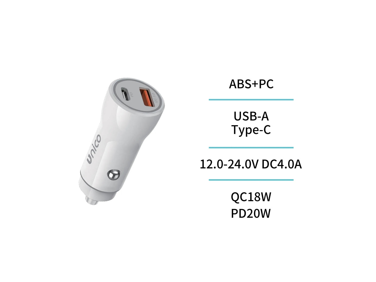 Caricabatteria Auto 2 Porte Type-C PD20W USB-A QC18W Certificato TUV Unità singola bianca