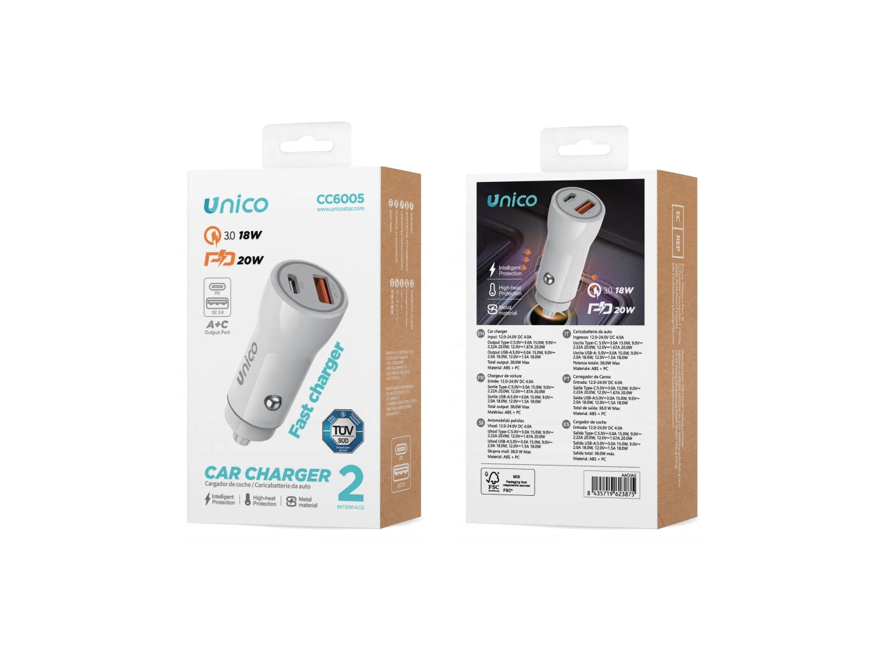 Caricabatteria Auto 2 Porte Type-C PD20W USB-A QC18W Certificato TUV Unità singola bianca