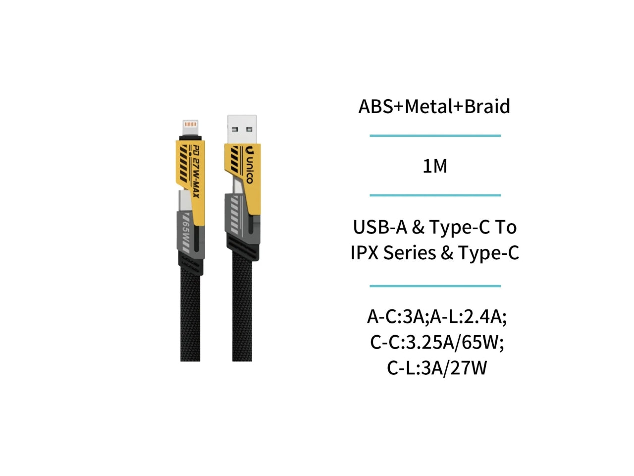A+C a C+L 65W Cavo ricarica rapida 4 in 1, 1m CE Conchiglia gialla con linea nera
