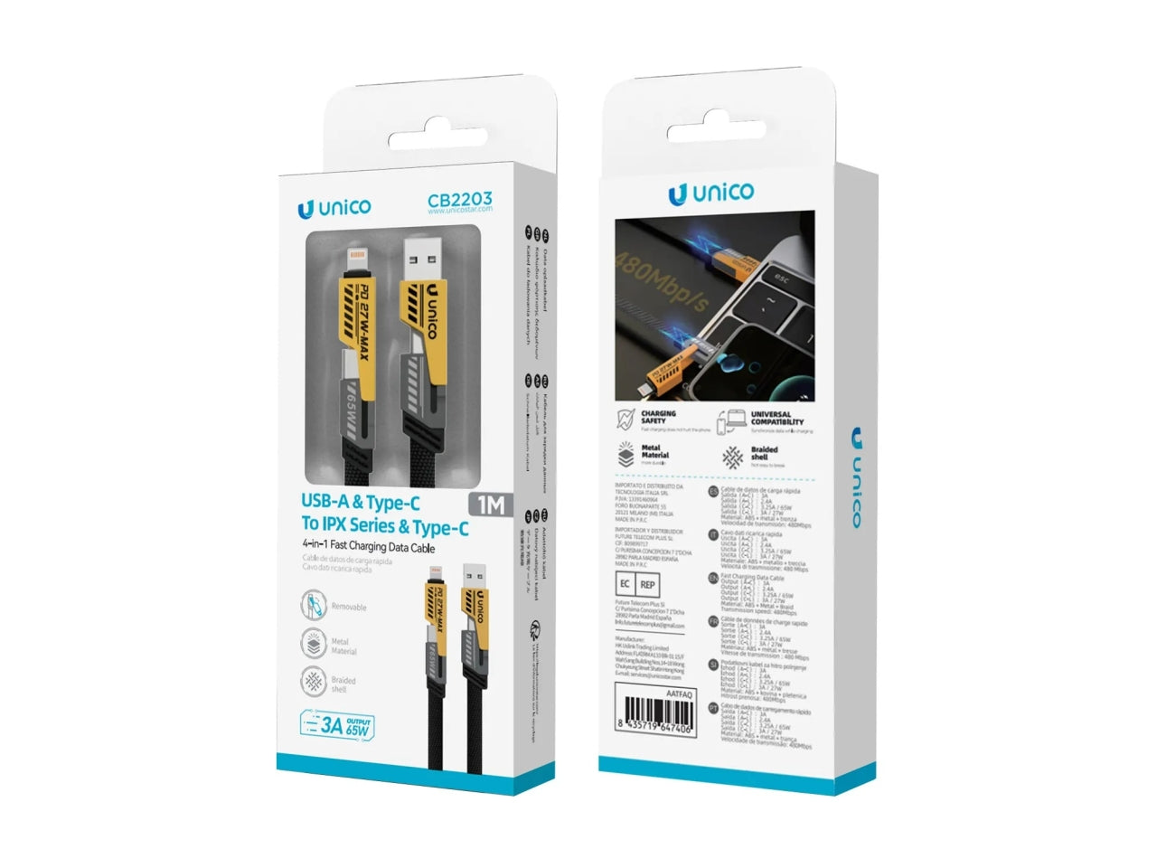 A+C a C+L 65W Cavo ricarica rapida 4 in 1, 1m CE Conchiglia gialla con linea nera