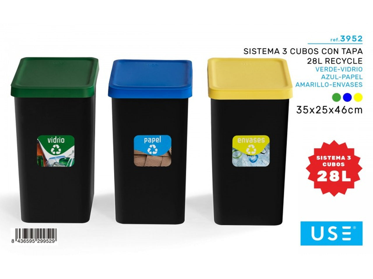 Sistema 3 pattumiere per differenziata con coperchio colorato da 28L
