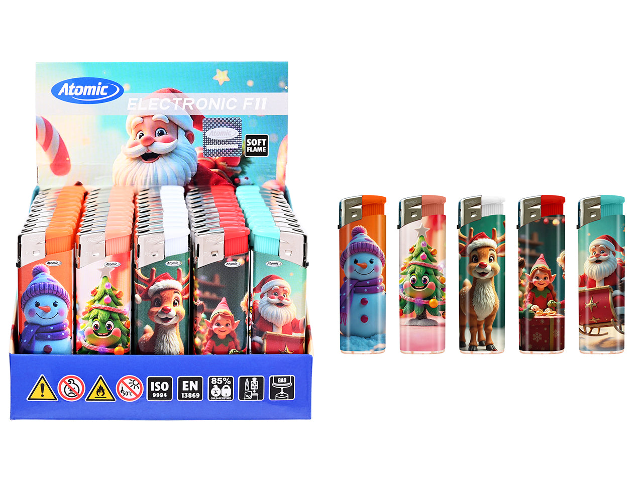 Accendino Atomic Electronic Lighter F11 Softflame ricaricabile Funny X-Mas 2025 50 pezzi assortito