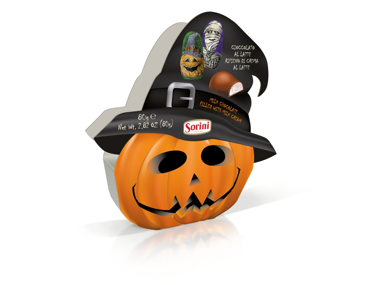 Sorini astuccio zucca 80gr con cioccolatini al latte ripieni di crema al latte
